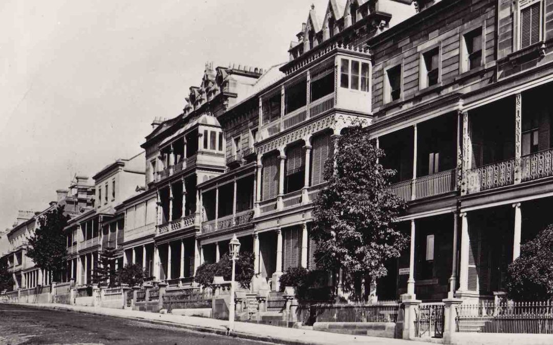 A row of townhouses along Macquarie Street circa 1870, including History House.