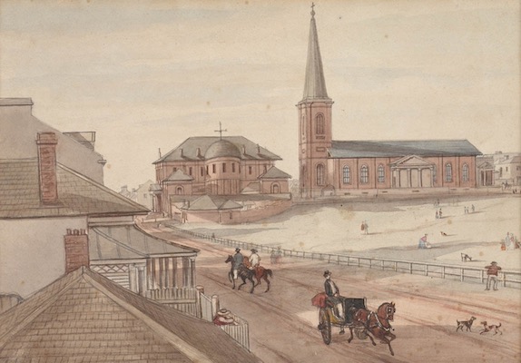 A watercolour painting depicting Elizabeth Street in Sydney. In the background are the Supreme Court and St James Church. Horse-drawn carts drive down a dirt road, and people are in the park nearby.