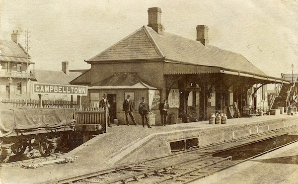 A sepia photograph showing Campbelltown Railway Station.