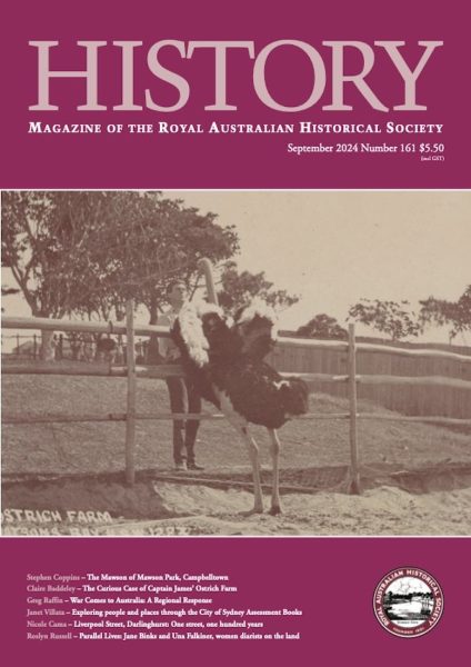 History magazine, number 161, September 2024, has a pink cover featuring a sepia photograph of a man and an ostrich at Watsons Bay.