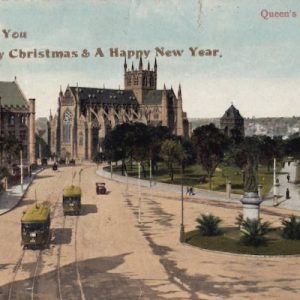 Postcard showing Queen's Square in Sydney. The card reads 'Wishing You A Merry Christmas and A Happy New Year'.