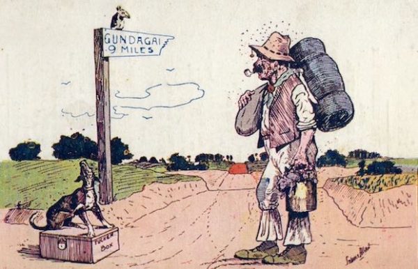 A postcard depicting a dog sitting on a tuckerbox beneath a sign that reads ' Gundagai 9 Mile'. It also shows a stockman carrying a billy with a swag slung over his shoulder.