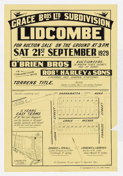 A poster advertising a subdivision auction at Lidcombe in 1929.