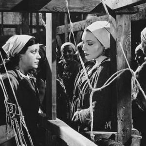 A black and white still from a film about convict women.