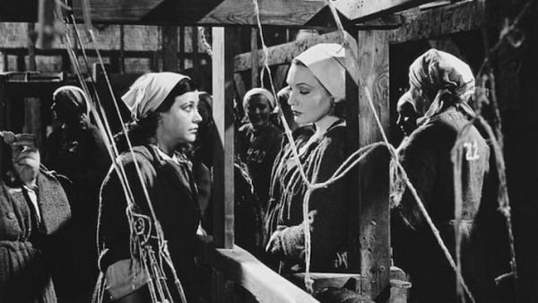 A black and white still from a film about convict women.