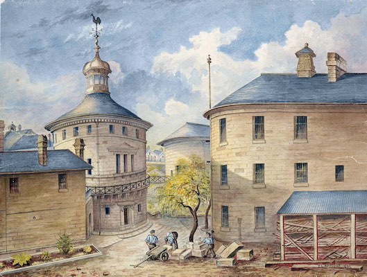 A watercolour of Darlinghurst Gaol. Three workers labour in the courtyard.