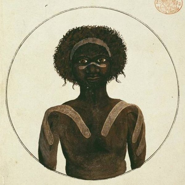 A watercolour of Wangal man Bennelong wearing white ochre.